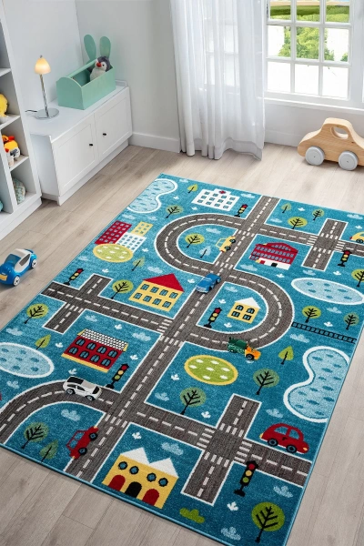 Trafik Arabalı Dokuma Halı Yıkanabilir Çocuk Halısı Anaokul Kreş Oyun Halısı MAVİ