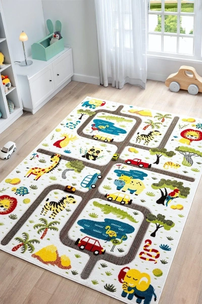 Hayvan Trafik Araba Yolu Figürlü Dokuma Halı Yıkanabilir Çocuk Halısı Anaokul Kreş Oyun Halısı BEYAZ