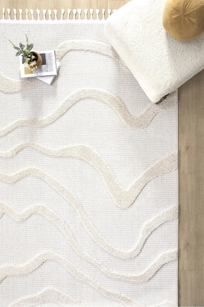Krem Modern Dokuma Halı Püsküllü Yolluk Antre Oturma Odası Salon Mutfak Çocuk Odası Halısı
