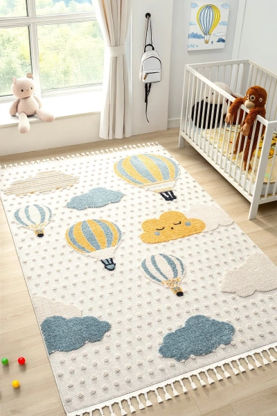Yumuşak Bukleli Bebek Odası Çocuk Odası Genç Odası Dokuma Halı Mavi Balonlu Bulutlu Halı 22