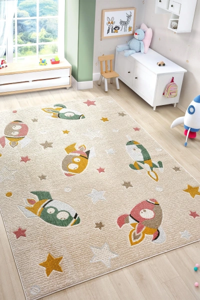 Yumuşak Dokuma Halı Leke Tutmaz Uçak Roket Figürlü Bebek Odası Çocuk Odası Genç Odası Halısı ROKET