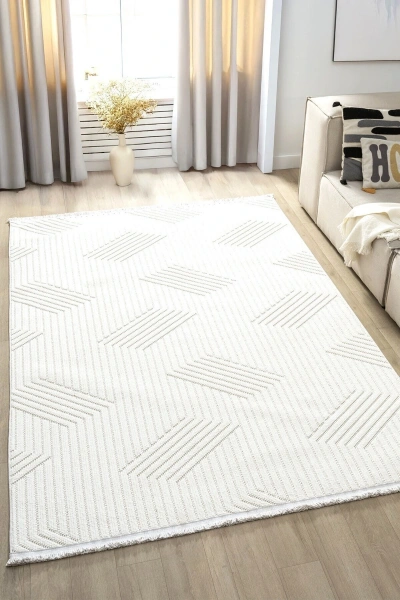 Beyaz Yumuşak Dokulu Halı Kilim Salon Mutfak Koridor Yolluk Dokuma Makine Halısı 001