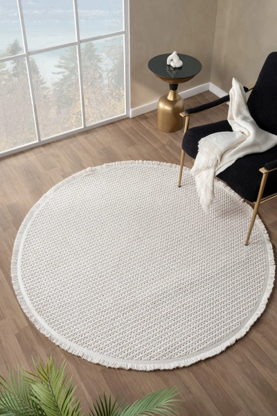 Beyaz Bej Yumuşak Dokulu Yuvarlak Halı Kilim Mutfak Koridor Yolluk Dokuma Makine Halısı 006 DAİRE
