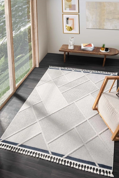 Modern Krem Mavi Dokuma Halı Oturma Odası Salon Mutfak Halısı Yolluk Antre