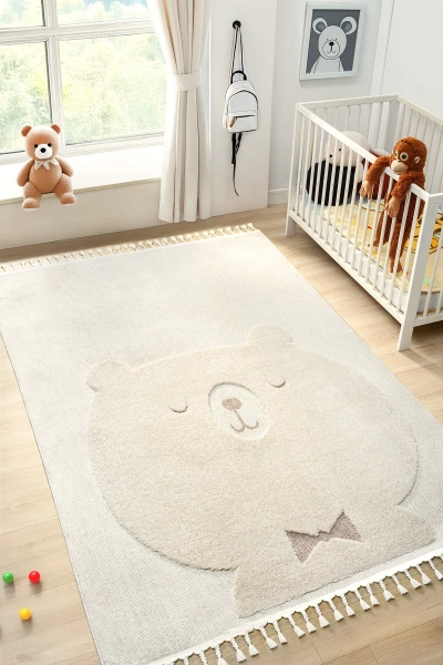 Krem Ayıcıklı Bebek Çocuk Odası Halısı Yumuşak Leke Tutmaz Antialerjik 24