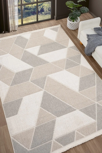 Krem Bej Gri Yumuşak Dokulu Halı Kilim Mutfak Salon Koridor Yolluk Dokuma Makine Halısı 008