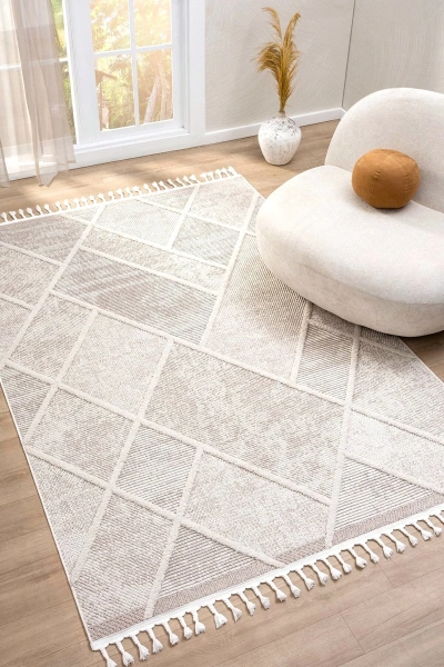 Krem Dokuma Halı Bukleli Yolluk Antre Oturma Odası Salon Mutfak Halısı