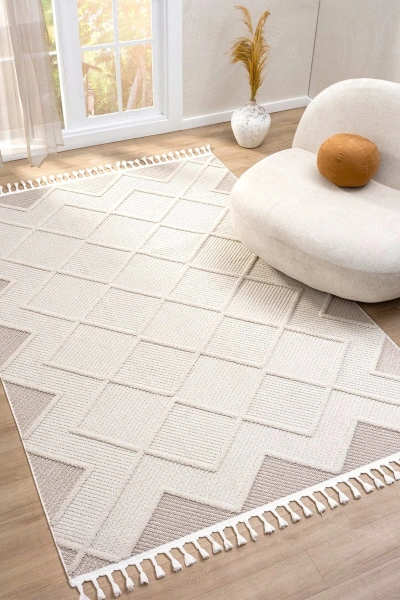 Krem Bej Modern Dokuma Halı Bukleli Yolluk Antre Oturma Odası Salon Mutfak Halısı