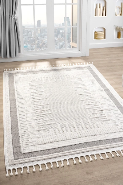 Dokuma Halı Krem Gri Yolluk Antre Oturma Odası Salon Mutfak Halısı