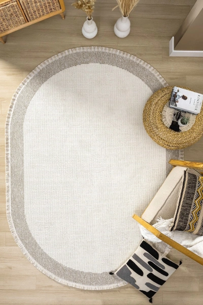 Oval Beyaz Halı Bordür Modern Oturma Odası Salon Mutfak Koridor Antre Balkon Çocuk Odası Halısı 0021