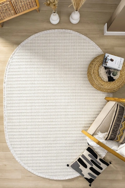 Oval Beyaz Halı Modern Oturma Odası Salon Mutfak Koridor Antre Balkon Çocuk Odası Halısı 004