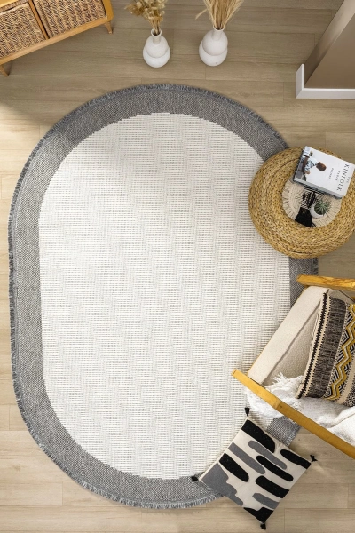 Oval Gri Halı Bordür Modern Oturma Odası Salon Mutfak Koridor Antre Balkon Çocuk Odası Halısı 0020