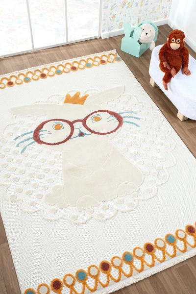 Yıkanabilir Tavşanlı Bebek Çocuk Odası Halısı Desenli Leke Tutmaz Antibakteriyel Antialerjik AYAZ 08