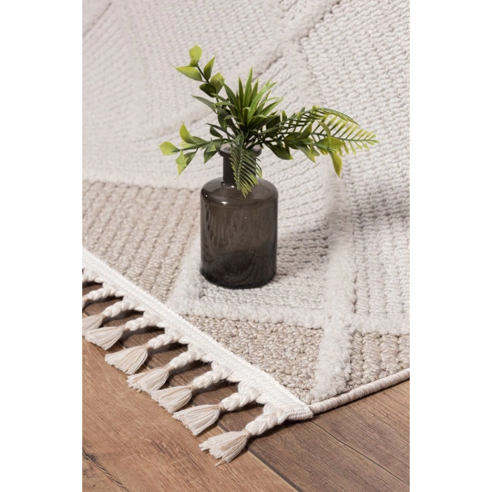 Krem Bej Modern Dokuma Halı Bukleli Yolluk Antre Oturma Odası Salon Mutfak Halısı