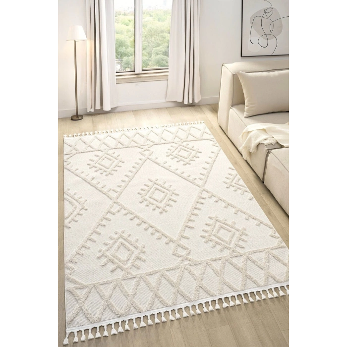 Krem Modern Dokuma Halı Yolluk Antre Oturma Odası Salon Mutfak Halısı