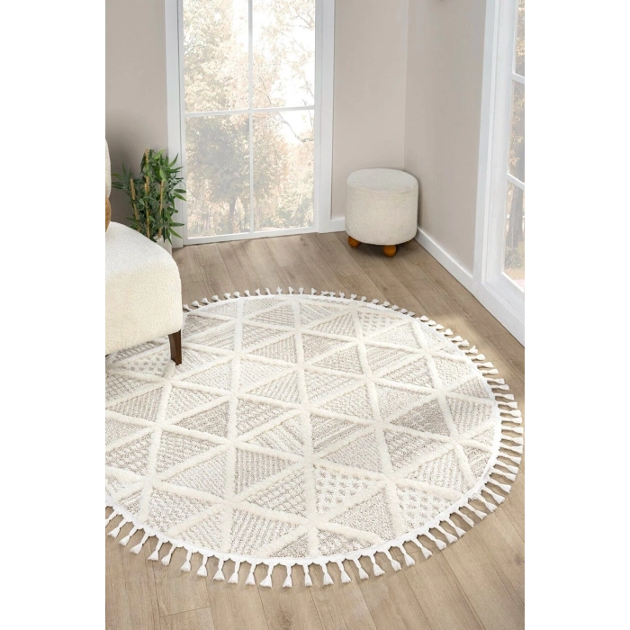 Beyaz Bej Yumuşak Yuvarlak Yıkanabilir Dokuma Halı Çocuk Odası Oturma Odası Salon Halısı YUVARLAK