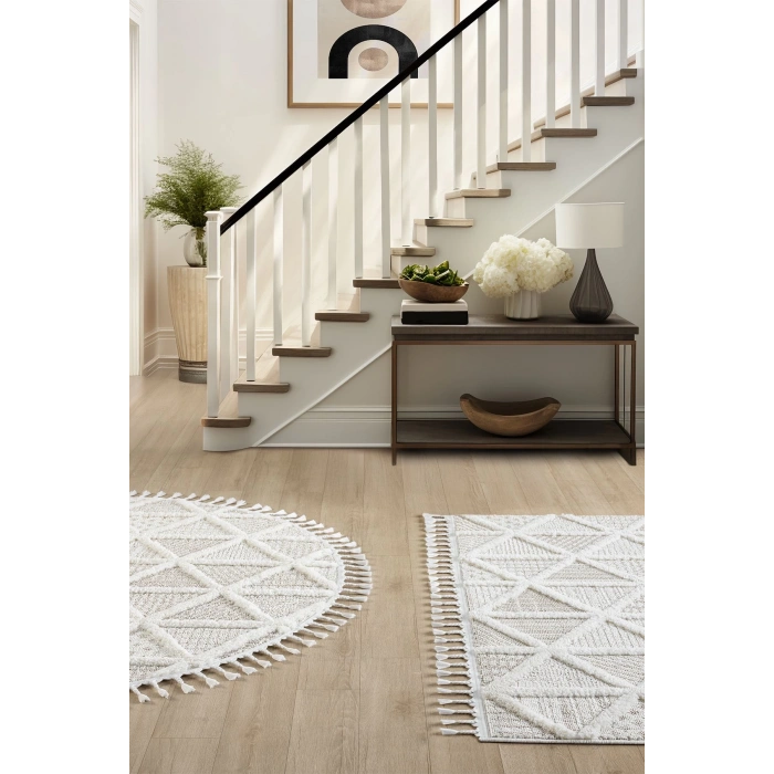 Beyaz Bej Yumuşak Yuvarlak Yıkanabilir Dokuma Halı Çocuk Odası Oturma Odası Salon Halısı YUVARLAK