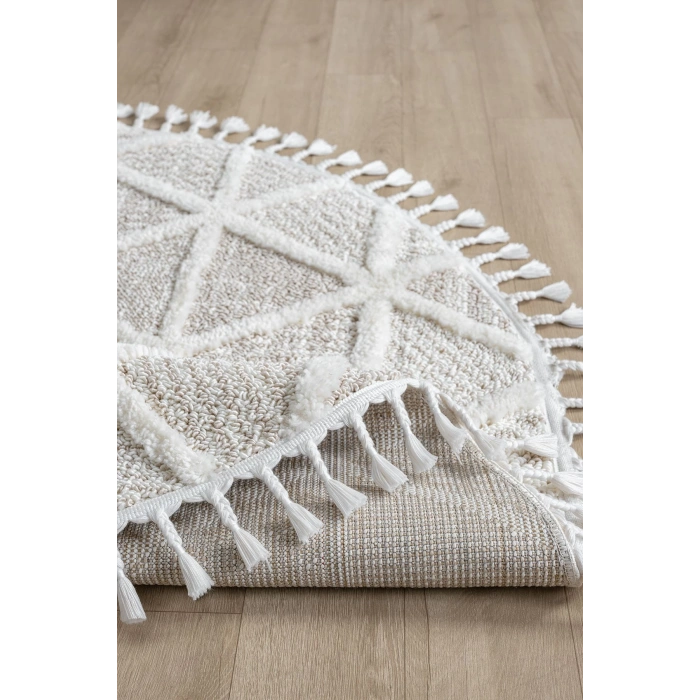 Beyaz Bej Yumuşak Yuvarlak Yıkanabilir Dokuma Halı Çocuk Odası Oturma Odası Salon Halısı YUVARLAK