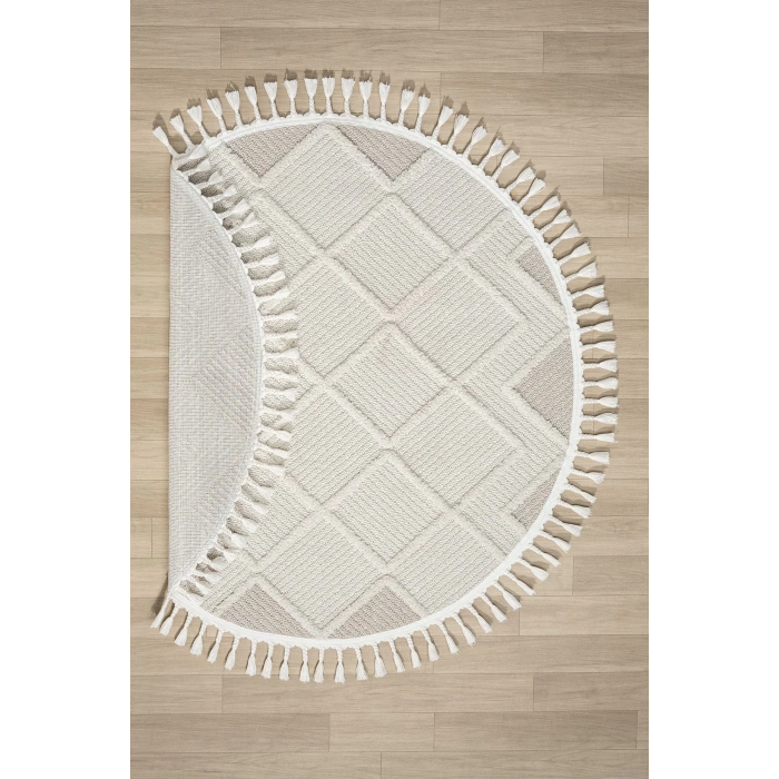 Krem Bej Yuvarlak Saçaklı Dokuma Halı Yolluk Antre Oturma Odası Salon Mutfak Halısı YUVARLAK