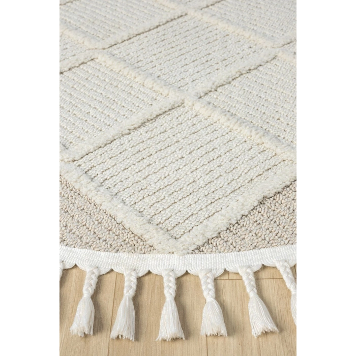 Krem Bej Yuvarlak Saçaklı Dokuma Halı Yolluk Antre Oturma Odası Salon Mutfak Halısı YUVARLAK