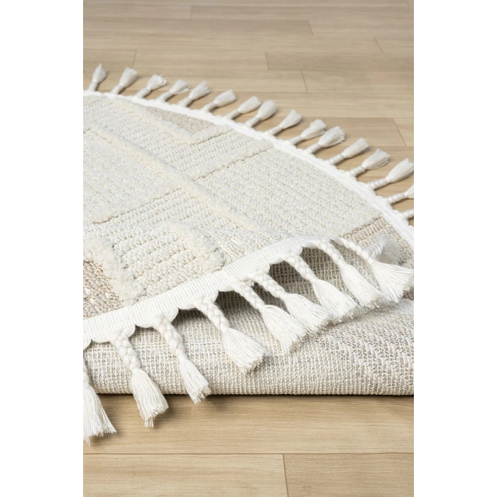 Krem Bej Yuvarlak Saçaklı Dokuma Halı Yolluk Antre Oturma Odası Salon Mutfak Halısı YUVARLAK