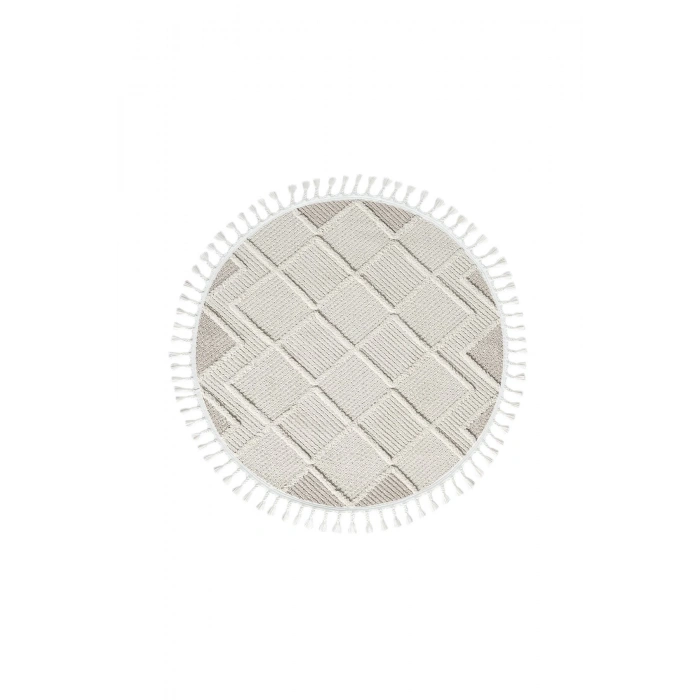 Krem Bej Yuvarlak Saçaklı Dokuma Halı Yolluk Antre Oturma Odası Salon Mutfak Halısı YUVARLAK