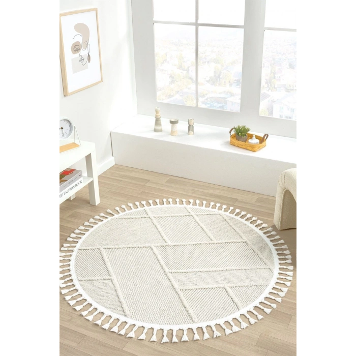 Yıkanabilir Saçaklı Yuvarlak Dokuma Halı Yolluk Antre Oturma Odası Salon Mutfak Halısı YUVARLAK