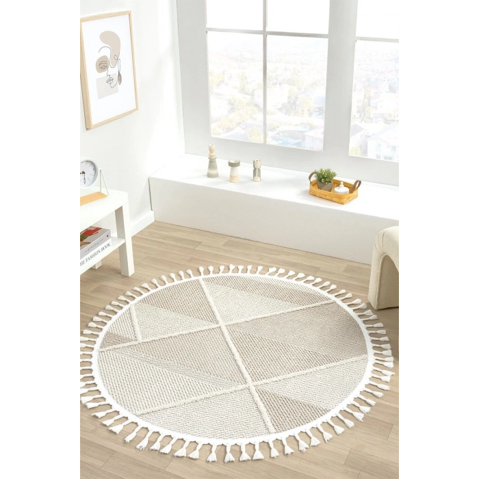 Bej Krem Dokuma Yuvarlak Halı Yolluk Antre Oturma Odası Salon Mutfak Çocuk Odası Halısı YUVARLAK