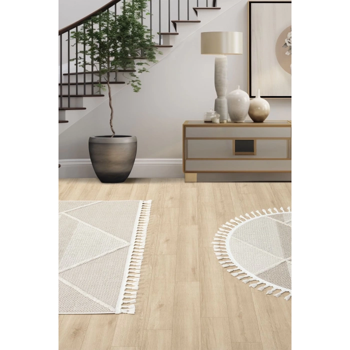 Bej Krem Dokuma Yuvarlak Halı Yolluk Antre Oturma Odası Salon Mutfak Çocuk Odası Halısı YUVARLAK