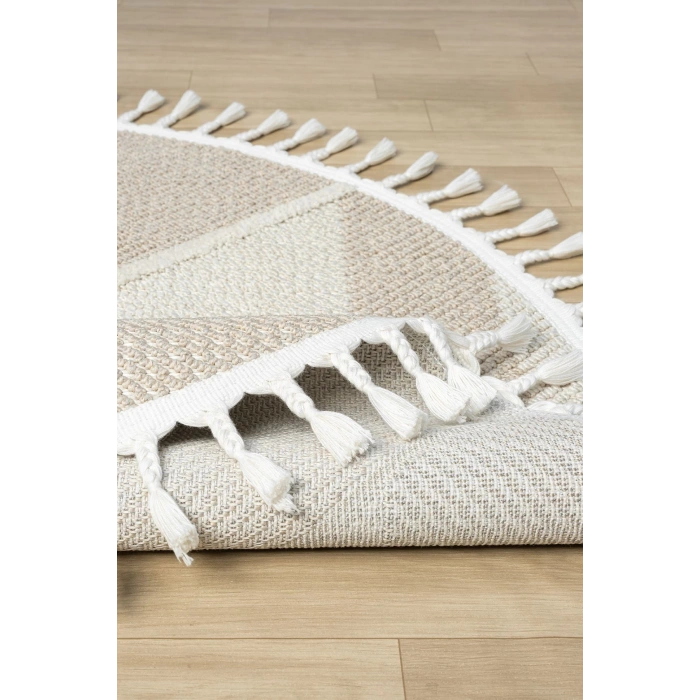 Bej Krem Dokuma Yuvarlak Halı Yolluk Antre Oturma Odası Salon Mutfak Çocuk Odası Halısı YUVARLAK