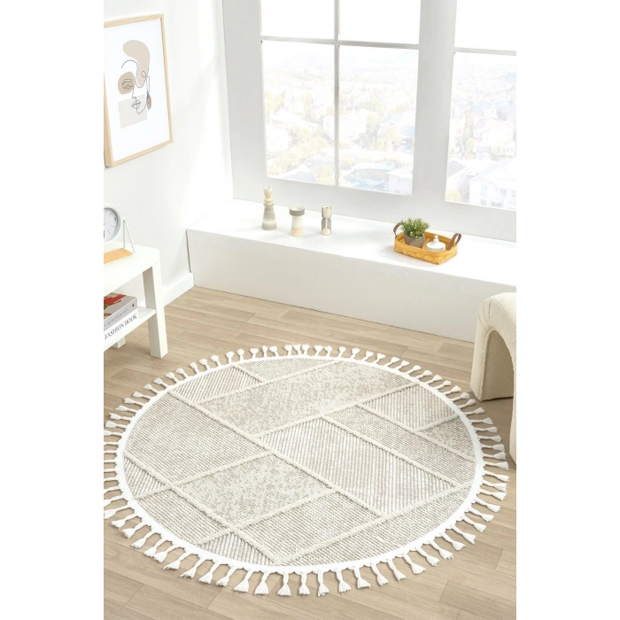 Krem Bej Yuvarlak Dokuma Halı Yolluk Antre Oturma Odası Salon Mutfak Halısı YUVARLAK