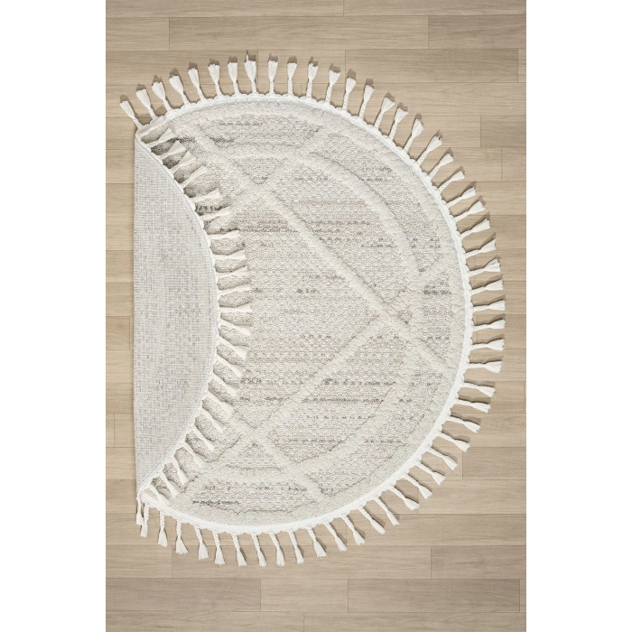 Krem Gri Yuvarlak Halı Püsküllü Dokuma Halı Yolluk Antre Oturma Odası Salon Mutfak Halısı YUVARLAK