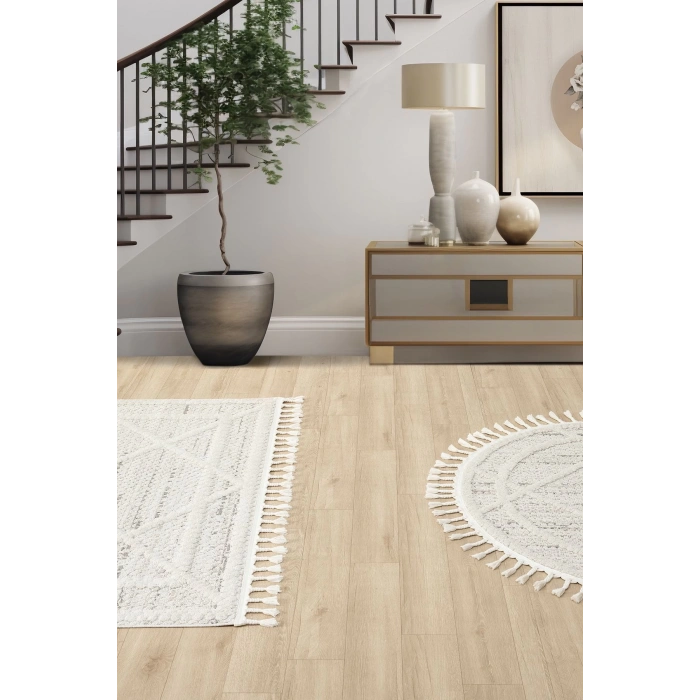 Krem Gri Yuvarlak Halı Püsküllü Dokuma Halı Yolluk Antre Oturma Odası Salon Mutfak Halısı YUVARLAK