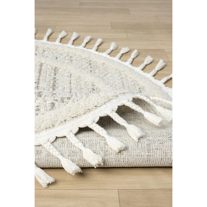 Krem Gri Yuvarlak Halı Püsküllü Dokuma Halı Yolluk Antre Oturma Odası Salon Mutfak Halısı YUVARLAK