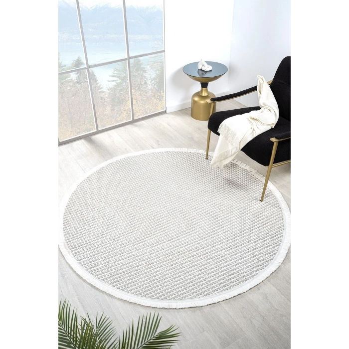 Beyaz Gri Yumuşak Daire Halı Kilim Salon Mutfak Koridor Yolluk Dokuma Makine Halısı 0014 DAİRE