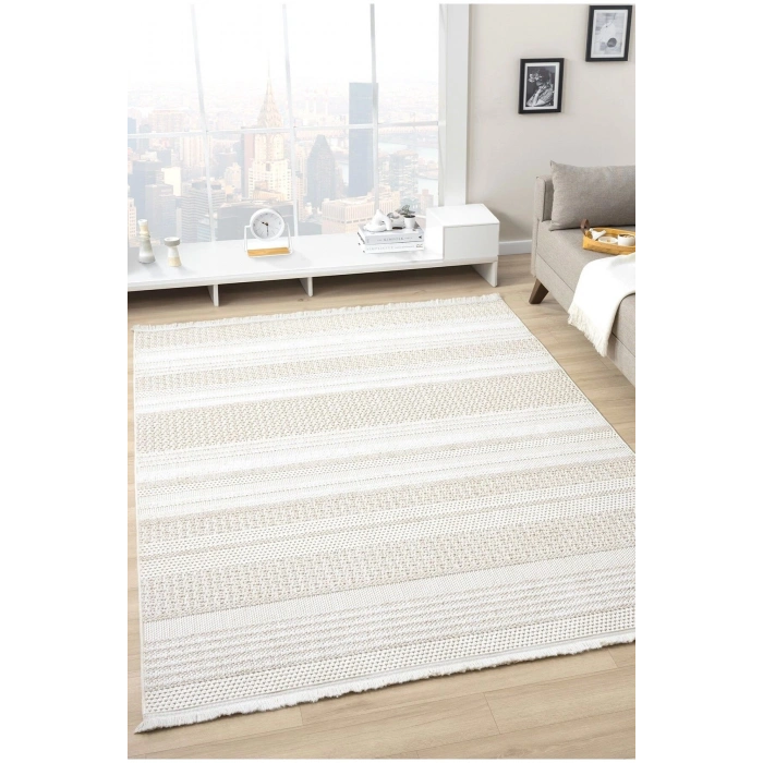 Krem Bej Yumuşak Dokulu Halı Kilim Salon Mutfak Koridor Yolluk Dokuma Makine Halısı 0015