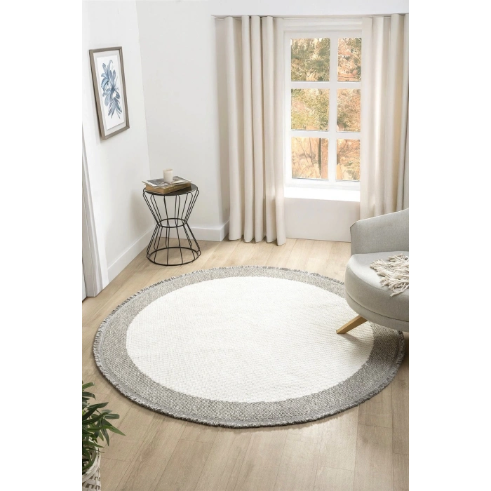 Beyaz Gri Yumuşak Daire Yuvarlak Halı Salon Mutfak Koridor Yolluk Dokuma Makine Halısı 0020 DAİRE
