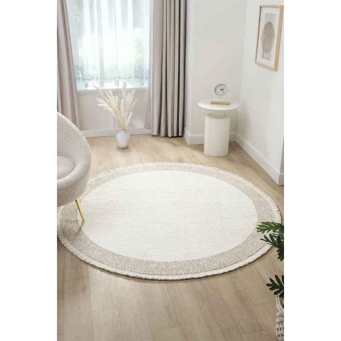 Beyaz Bej Yumuşak Yuvarlak Daire Halı Salon Mutfak Koridor Yolluk Dokuma Makine Halısı 0021 DAİRE