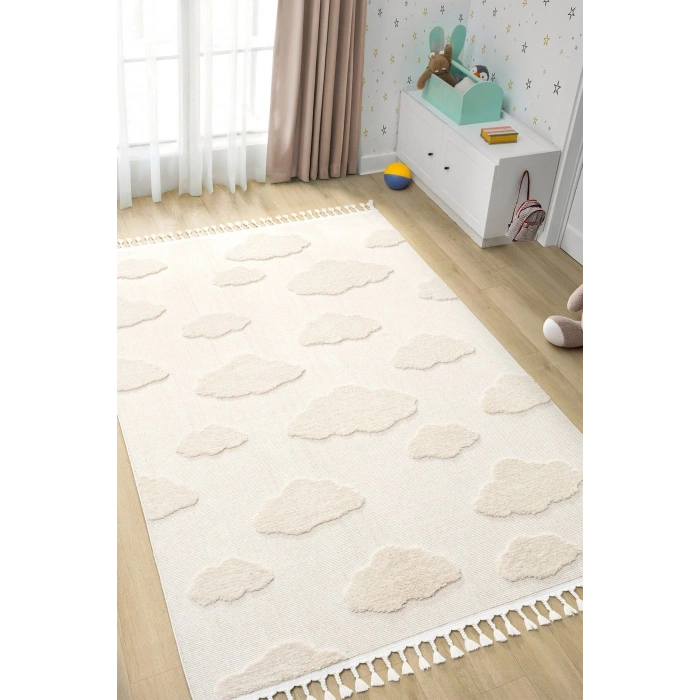 Bulut Desenli Krem Renk Dokuma Halı Bebek Odası Çocuk Odası Halısı 1