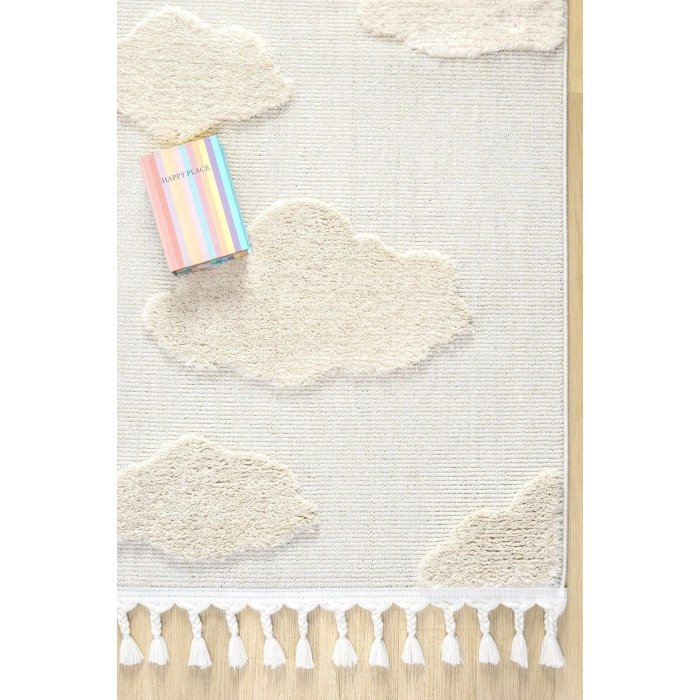 Bulut Desenli Krem Renk Dokuma Halı Bebek Odası Çocuk Odası Halısı 1