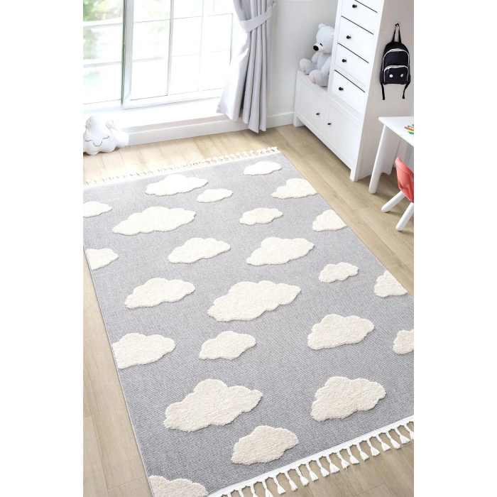 Bulut Desenli Gri Renk Dokuma Halı Bebek Odası Çocuk Odası Halısı 2