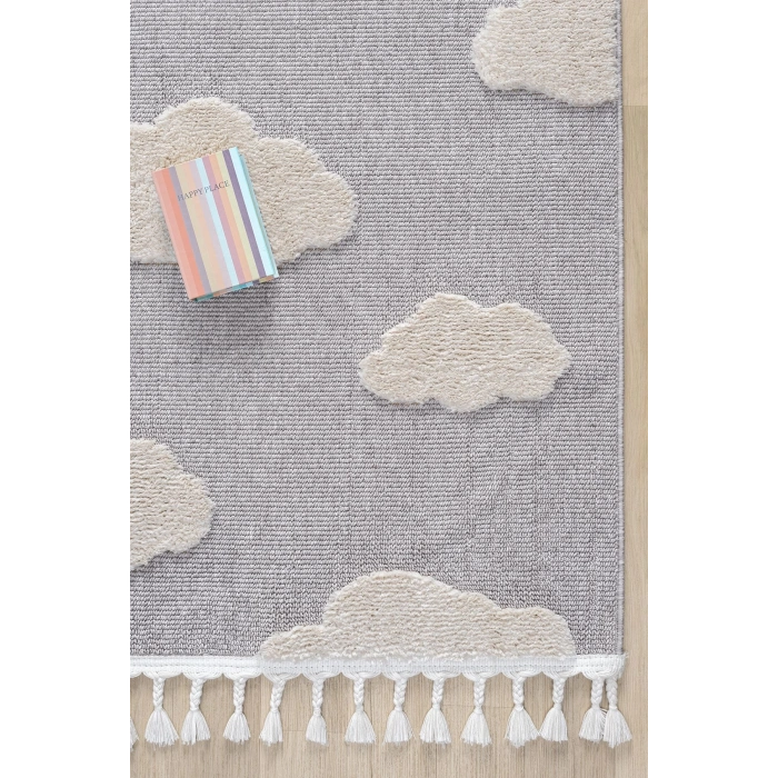 Bulut Desenli Gri Renk Dokuma Halı Bebek Odası Çocuk Odası Halısı 2