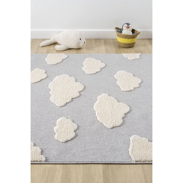 Bulut Desenli Gri Renk Dokuma Halı Bebek Odası Çocuk Odası Halısı 2