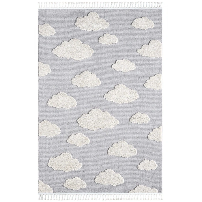 Bulut Desenli Gri Renk Dokuma Halı Bebek Odası Çocuk Odası Halısı 2