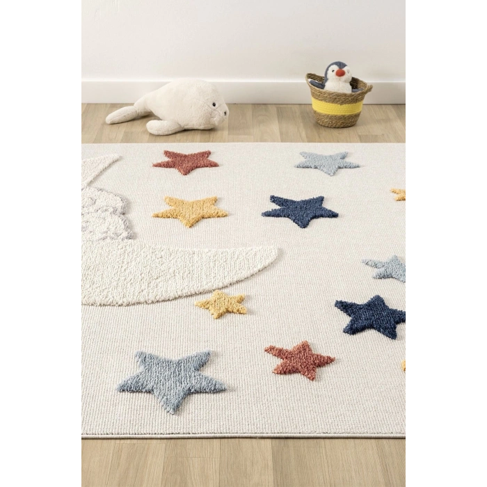 Yumuşak Renkli Bukleli Yıldızlı Dokuma Halı Bebek Odası Çocuk Odası Genç Odası Halısı 5