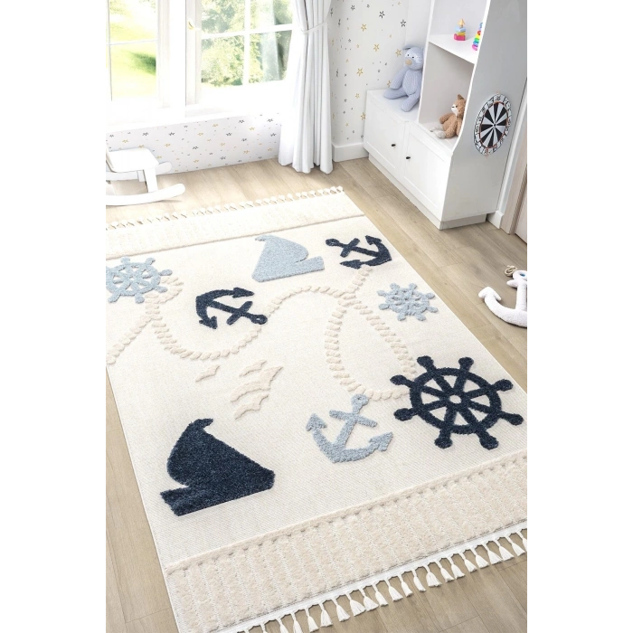 Yumuşak Renkli Bukleli Denizcilik Figürlü Dokuma Halı Bebek Odası Çocuk Odası Genç Odası Halısı 3