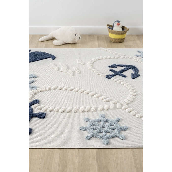 Yumuşak Renkli Bukleli Denizcilik Figürlü Dokuma Halı Bebek Odası Çocuk Odası Genç Odası Halısı 3