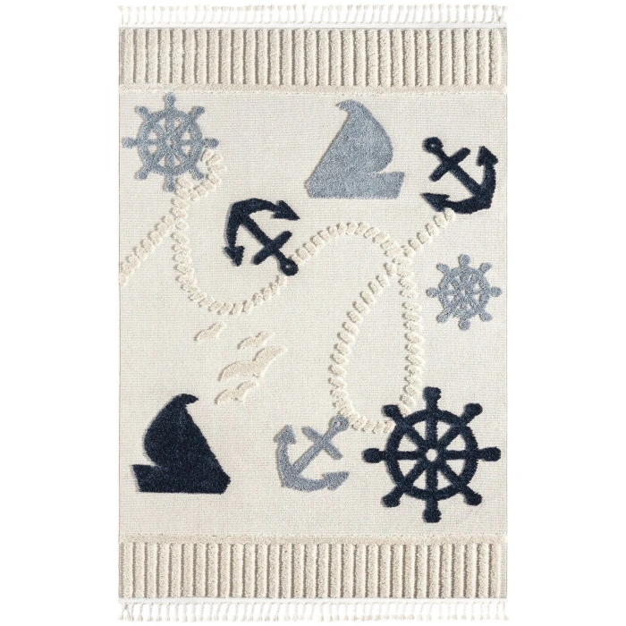 Yumuşak Renkli Bukleli Denizcilik Figürlü Dokuma Halı Bebek Odası Çocuk Odası Genç Odası Halısı 3