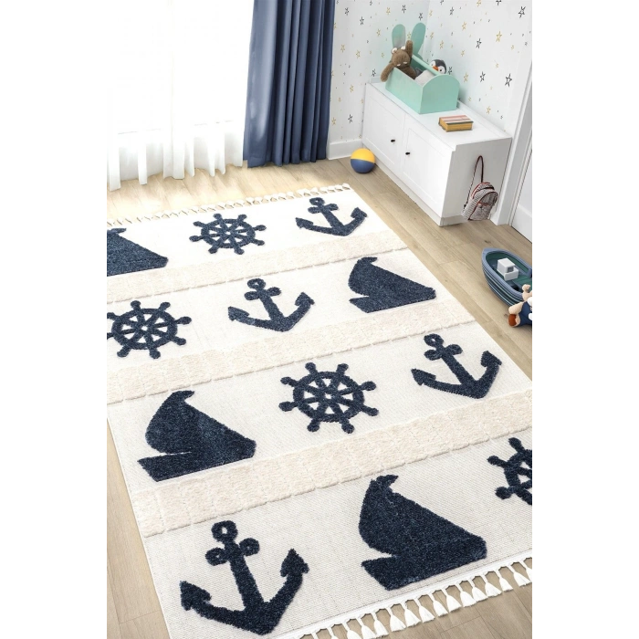 Yumuşak Renkli Bukleli Denizcilik Figürlü Dokuma Halı Bebek Odası Çocuk Odası Genç Odası Halısı 4