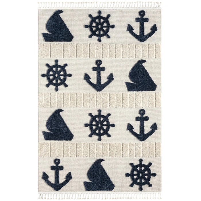 Yumuşak Renkli Bukleli Denizcilik Figürlü Dokuma Halı Bebek Odası Çocuk Odası Genç Odası Halısı 4